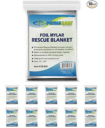 Primacare HB-10 Emergency Foil Mylar Thermal Blanket (Pack of 10), 52" Length x 84" Width, Silver